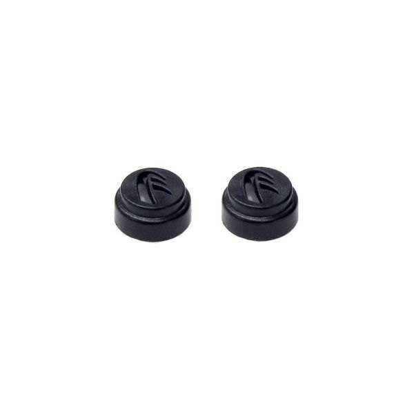 Pair of matte black round acoustic earplug filters with an embossed logo on the top face