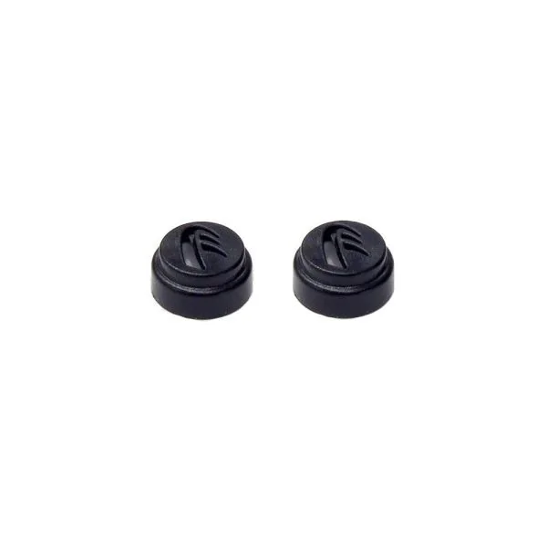 Pair of matte black round acoustic earplug filters with an embossed logo on the top face