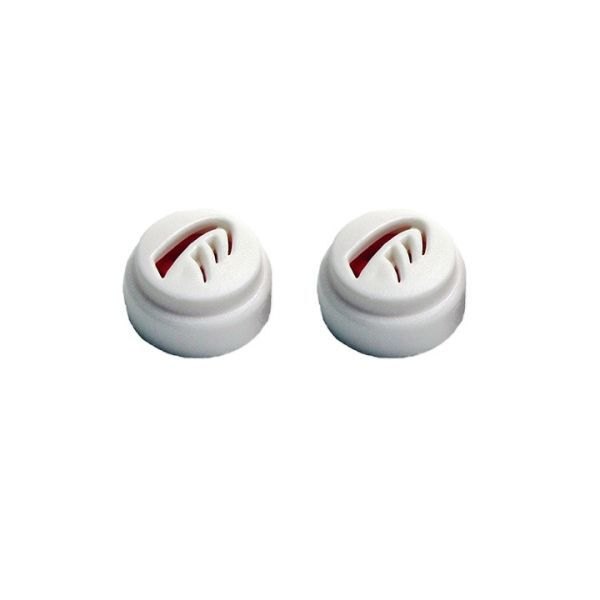 Pair of white round acoustic earplug filters with a red insert visible through a curved slot on top