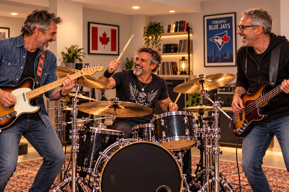 Three-piece band playing in a rehearsal room, drummer behind a full kit, all wearing orange custom earplugs