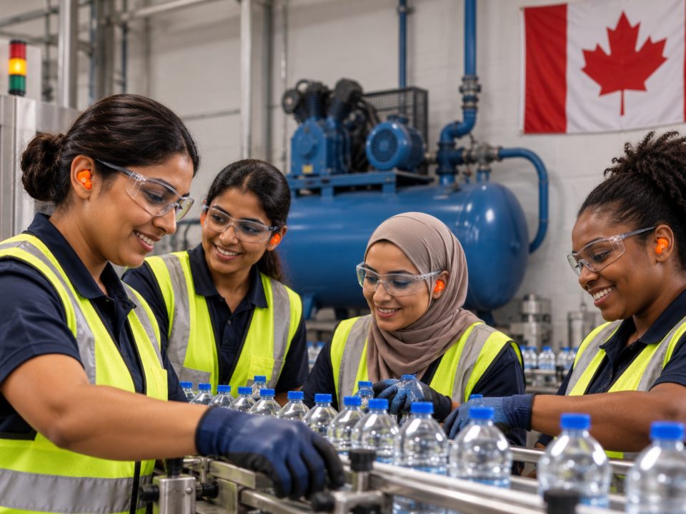 Four line workers in hi-vis vests and safety glasses at a bottling line, Canadian flag on the wall