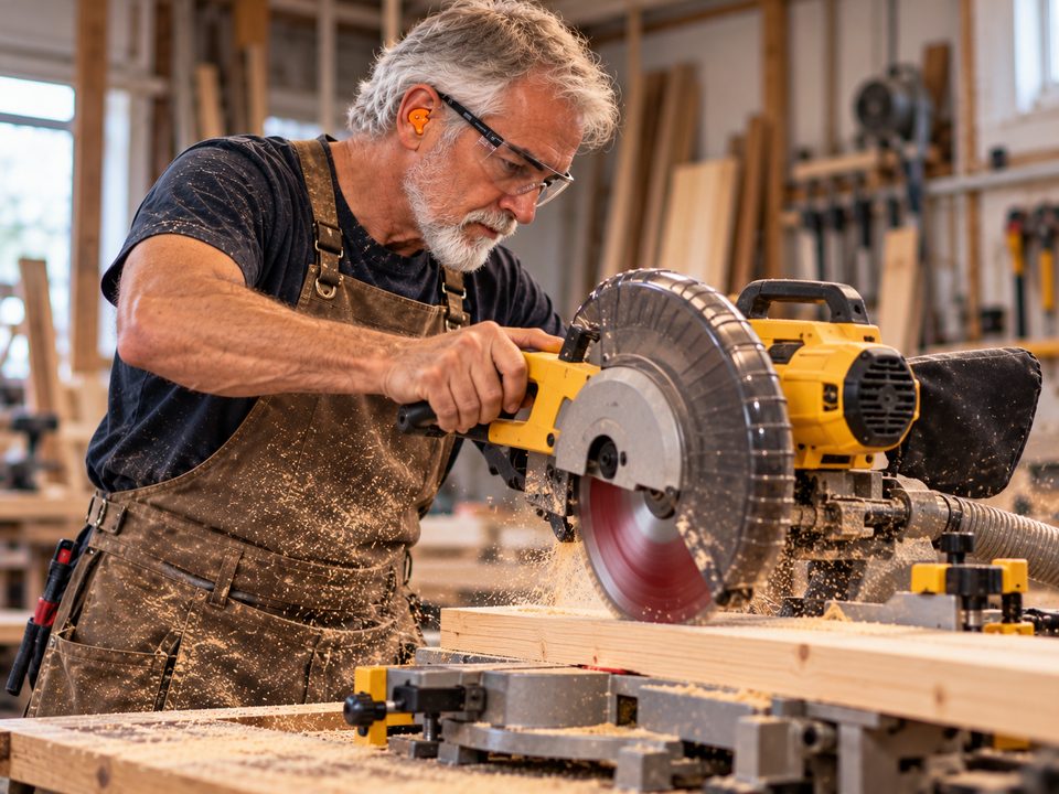 Carpenter cutting timber on a mitre saw, wearing an orange earplug