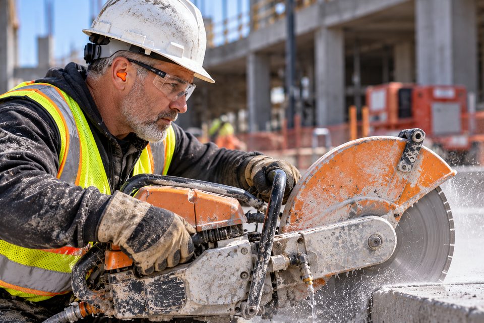 Worker cutting concrete with a gas saw, wearing a hard hat, safety glasses and orange earplugs