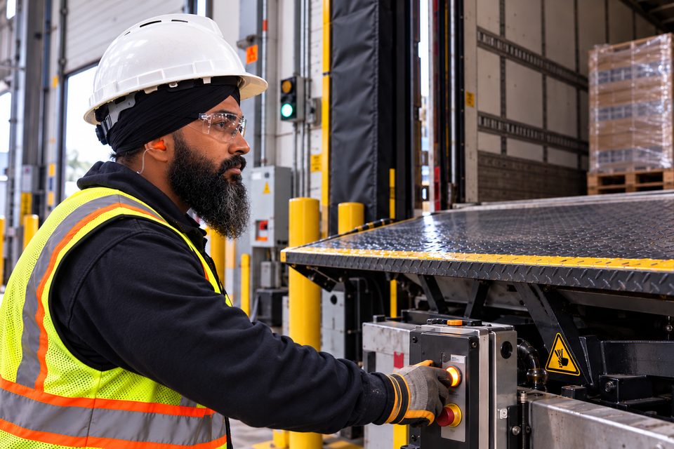 Worker in a hard hat and hi-vis vest operating a dock leveler control, orange earplug visible