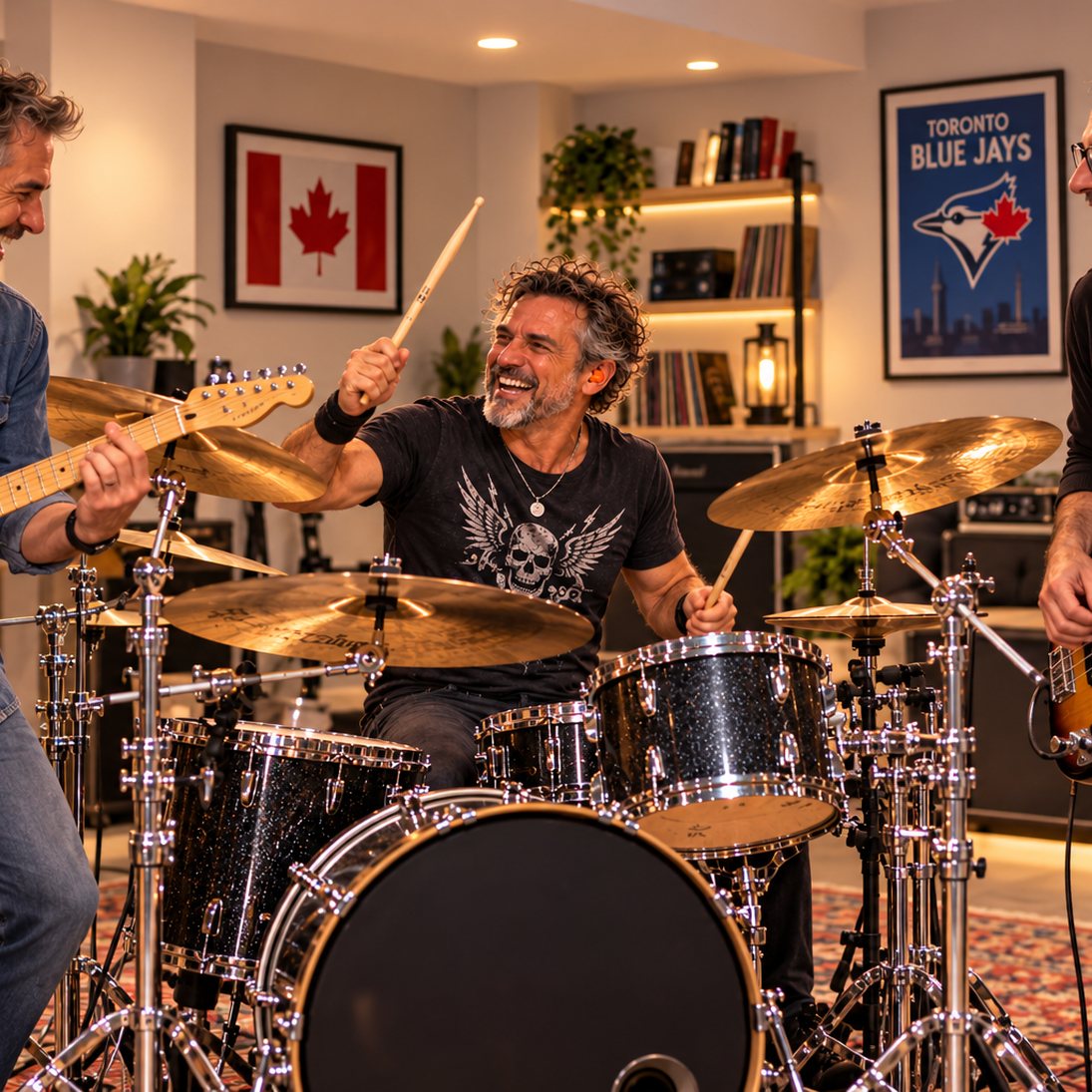 Three-piece band laughing mid-song in a rehearsal room, the drummer and guitarists each wearing an orange custom earplug