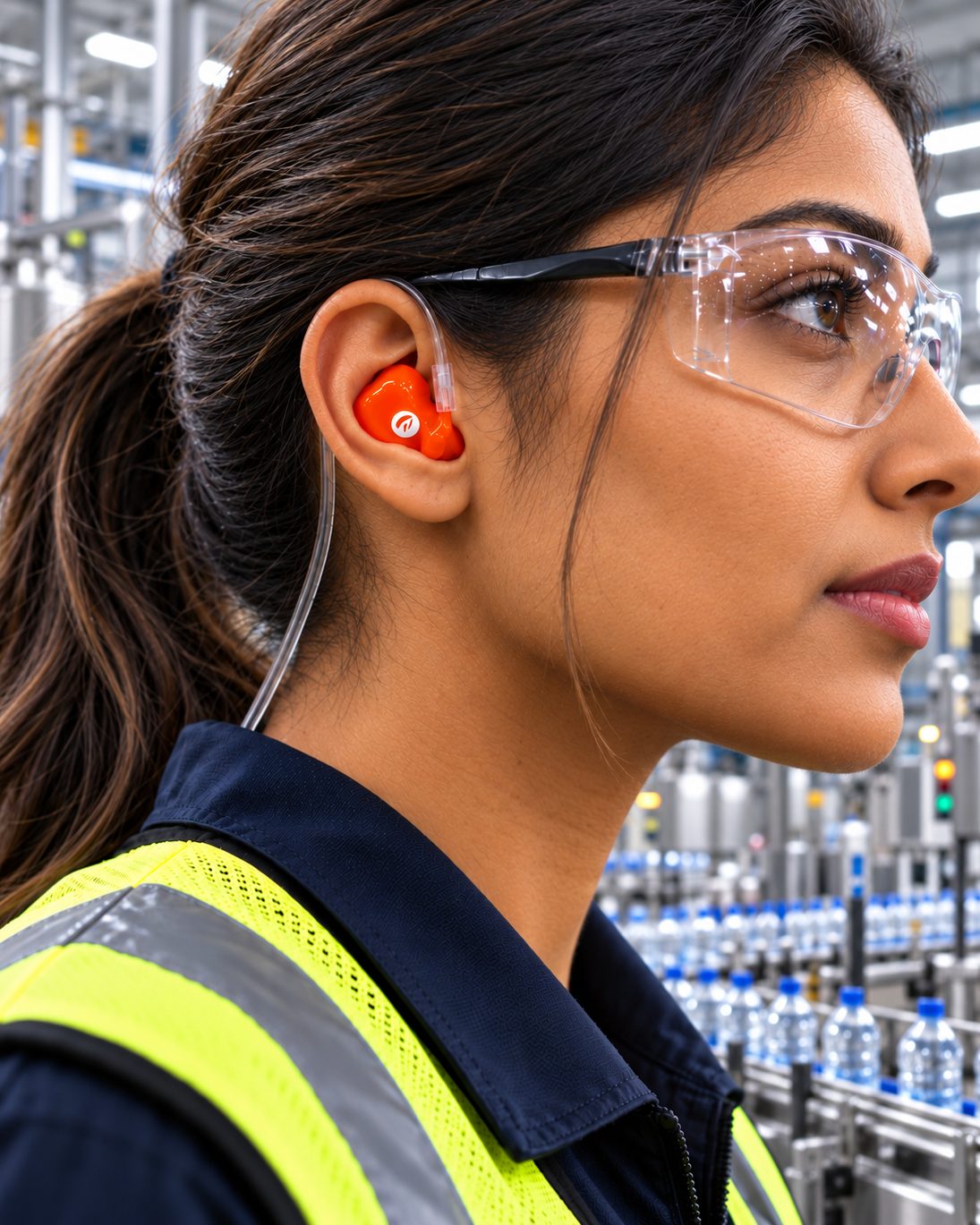 Line worker in safety glasses and a hi-vis vest wearing a safety-orange Qui8 Db custom-molded earplug, with a bottling line behind her