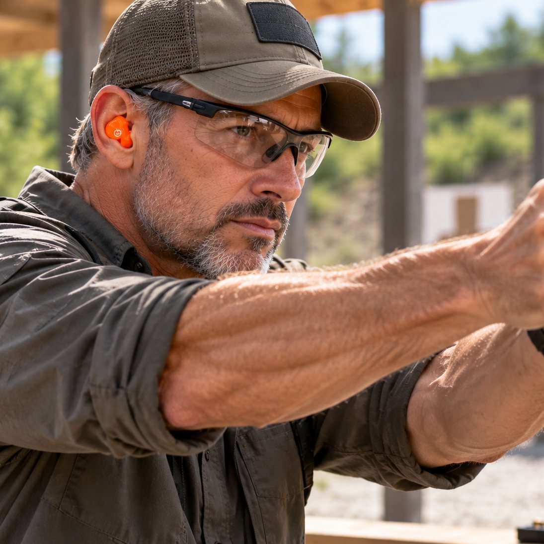 Man in shooting glasses and a cap aiming a pistol at an outdoor range, an orange custom earplug in his ear