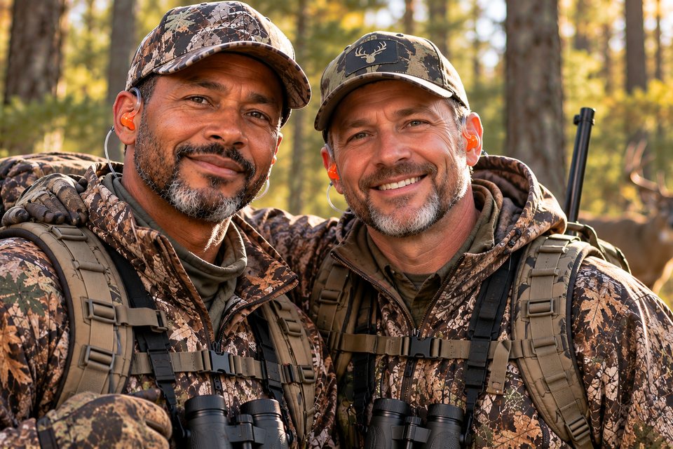 Two hunters in camouflage smiling in autumn woods, each wearing an orange custom earplug, a deer in the background