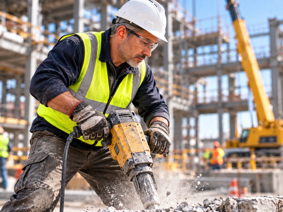 Worker breaking concrete with a jackhammer, orange earplug visible under the hard hat