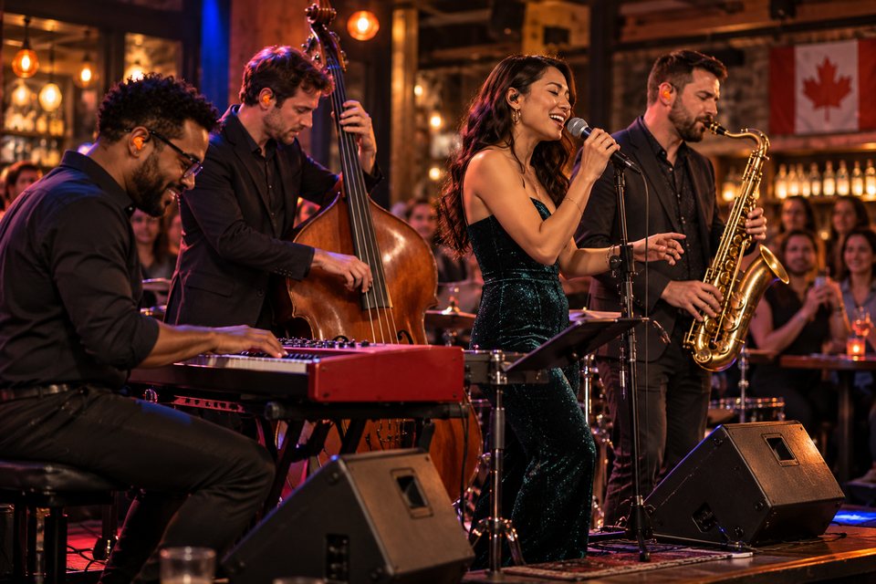 Jazz quartet on a small club stage: keys, upright bass, vocalist and saxophone, each wearing an orange custom earplug