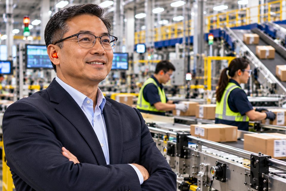 Plant manager standing in front of a packing line with hi-vis crew working behind him
