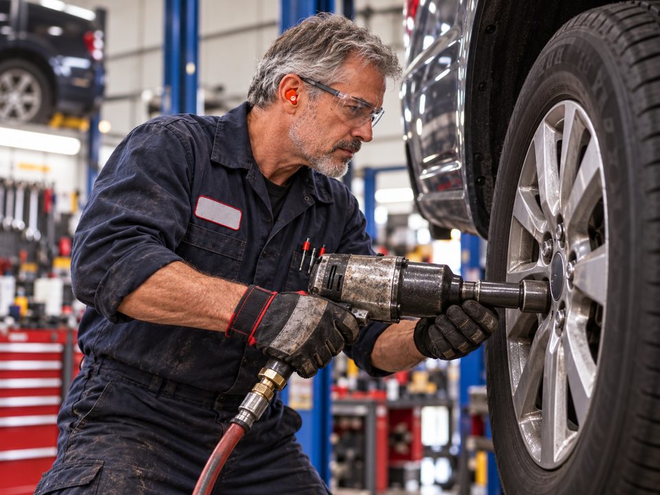 Mechanic using an impact wrench on a wheel, wearing safety glasses and an orange earplug