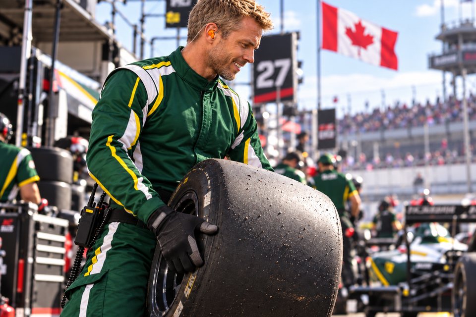 Pit crew member in a green race suit carrying a racing slick in the pit lane, an orange custom earplug in his ear, Canadian flag behind