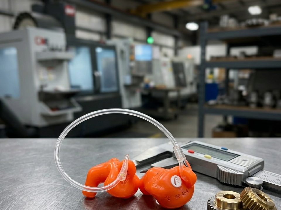 A corded pair of safety-orange custom earplugs on a steel bench beside callipers and hex nuts, CNC machine behind