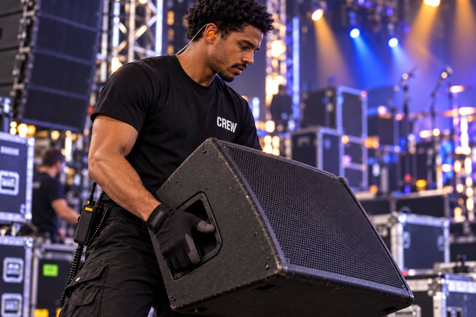Stage crew member in a black CREW shirt carrying a monitor wedge in front of a lit stage, an orange custom earplug in his ear
