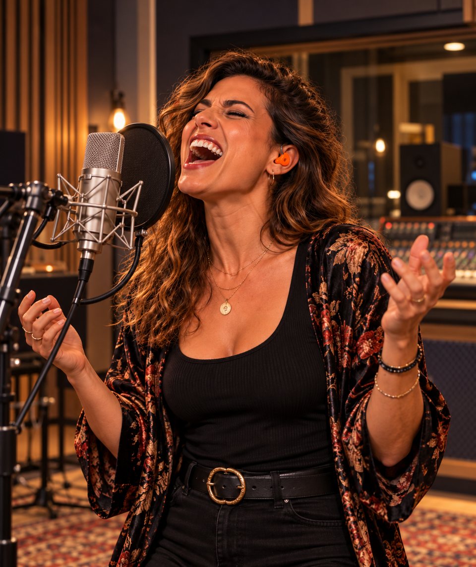 Vocalist singing into a studio condenser microphone, an orange custom earplug in her ear