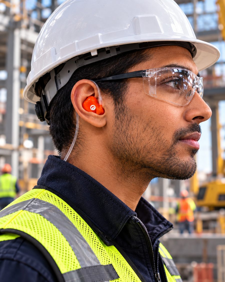 Worker in a white hard hat and safety glasses, an orange custom earplug seated in his ear